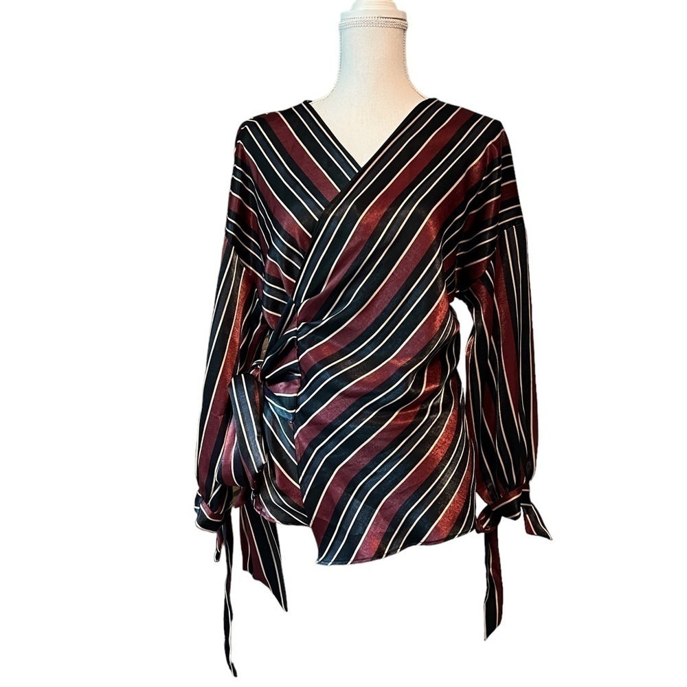 ZARA WOMENS STRIPED WRAP 3/4 SLEEVES V-NECK BLOUSE WITH TIES SIZE LARGE